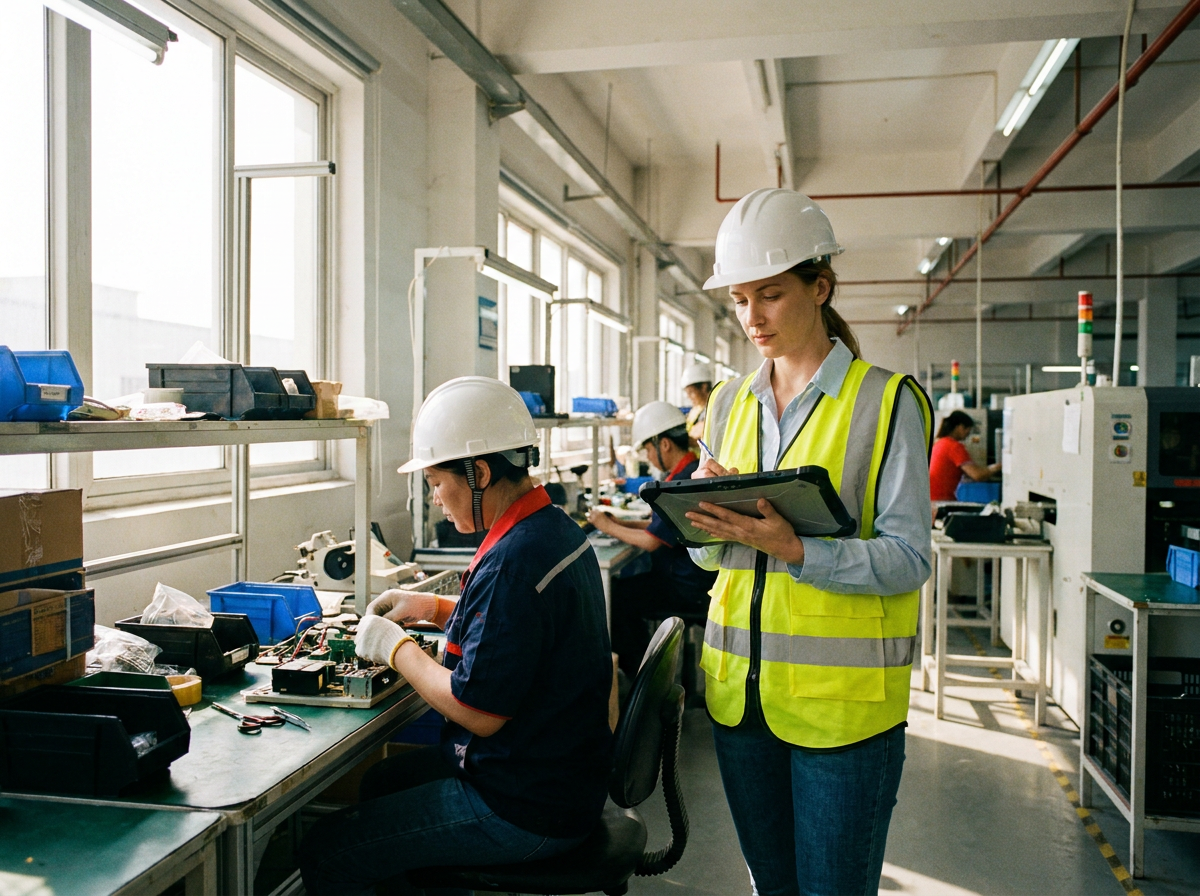 Técnico de prevención observando a una trabajadora en su puesto con una tablet