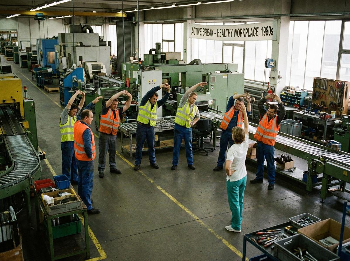 Trabajadores de producción en una pausa activa guiada junto a la línea