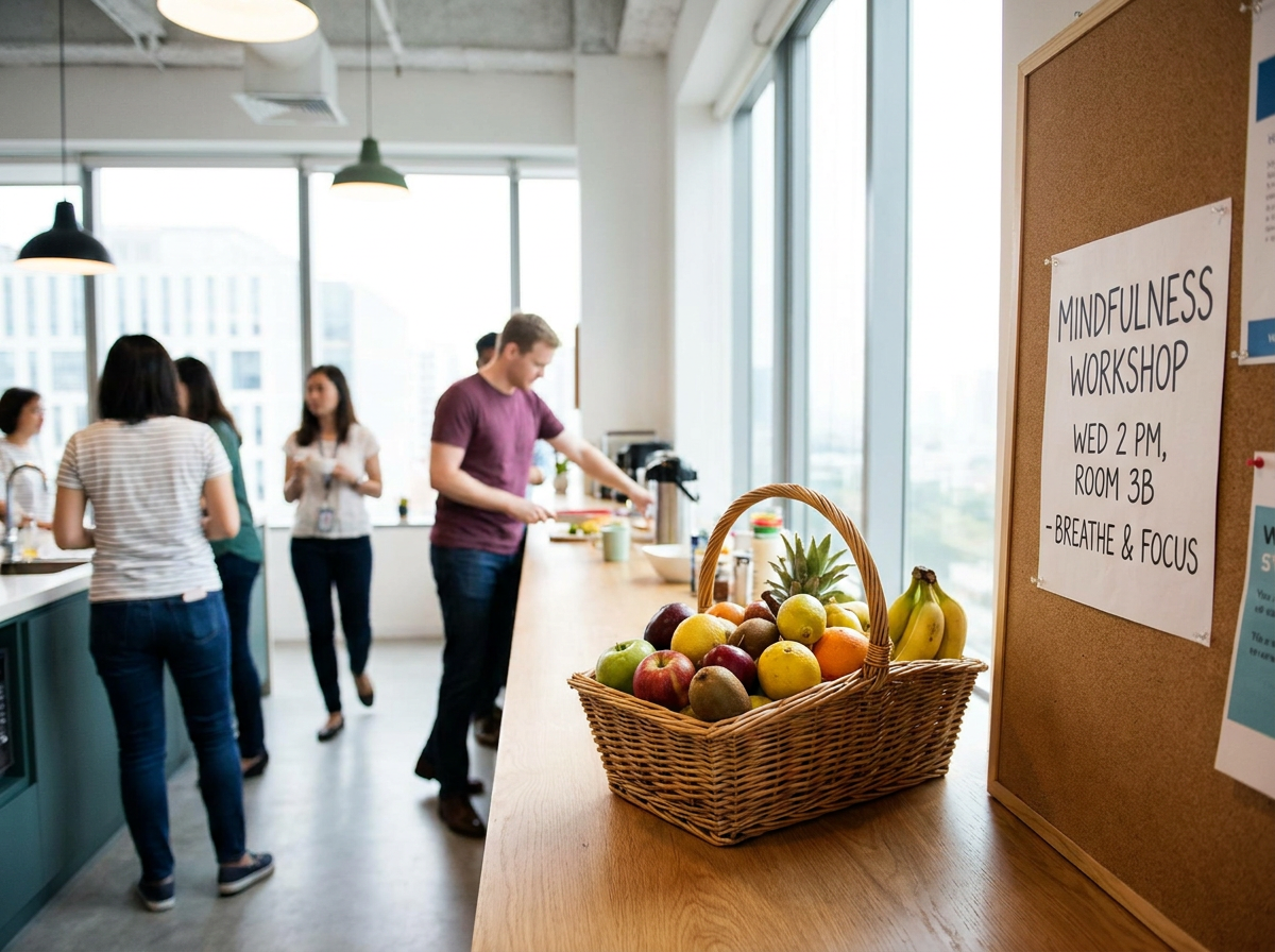 Cesta de fruta y cartel de taller de mindfulness en una cocina de oficina
