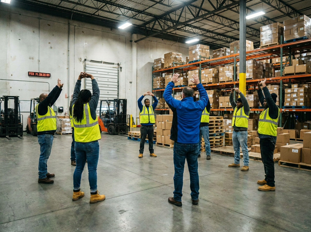 Grupo de trabajadores de almacén haciendo estiramientos guiados antes del turno