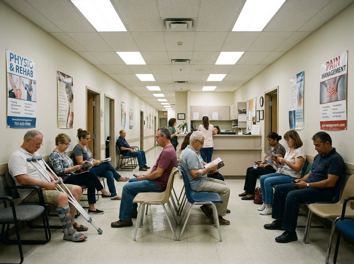Sala de espera de un centro de fisioterapia con varias personas sentadas