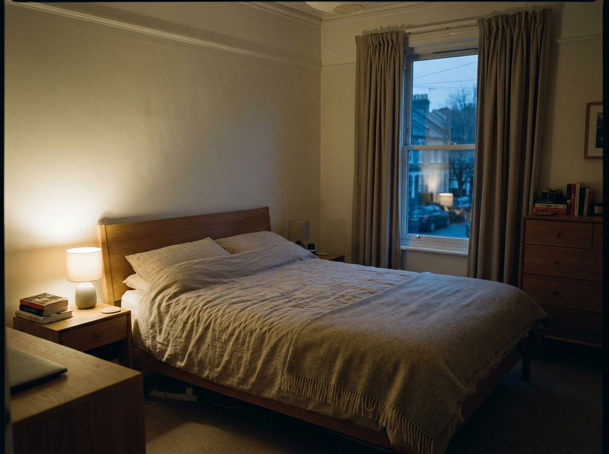 Dormitorio ordenado con luz tenue, descanso durante la recuperación