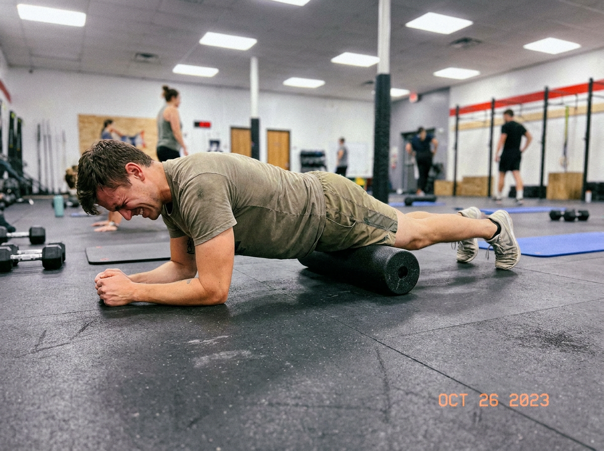 Persona rodando el cuádriceps sobre un foam roller en posición de plancha