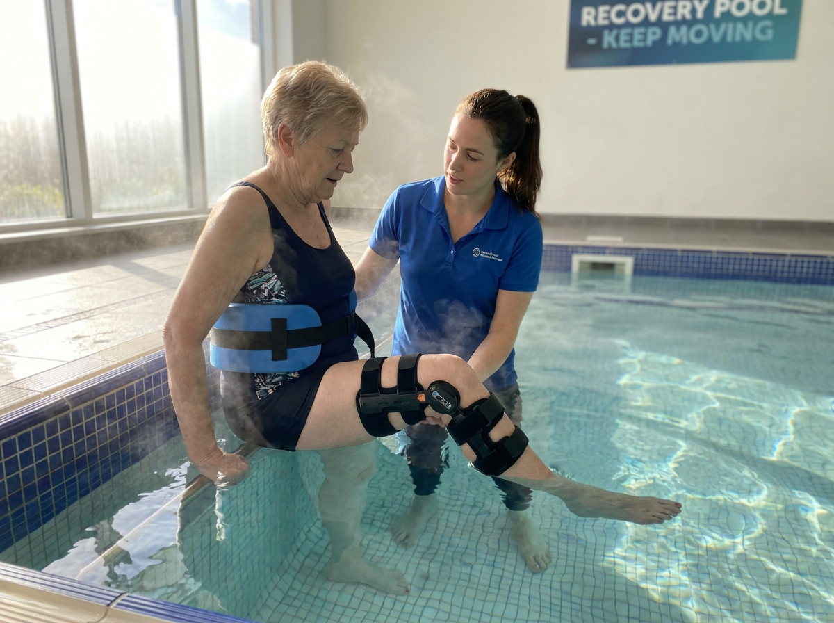 Persona haciendo ejercicios de rodilla en el agua tras una cirugía