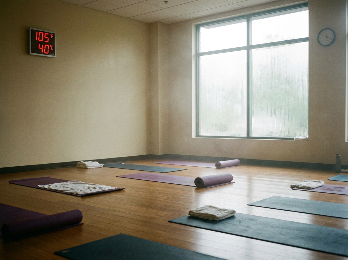 Sala de yoga caliente con termómetro alto en la pared