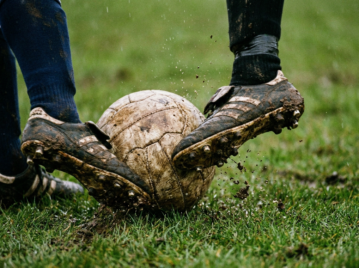 Balón de fútbol y botas en el césped, deporte de contacto