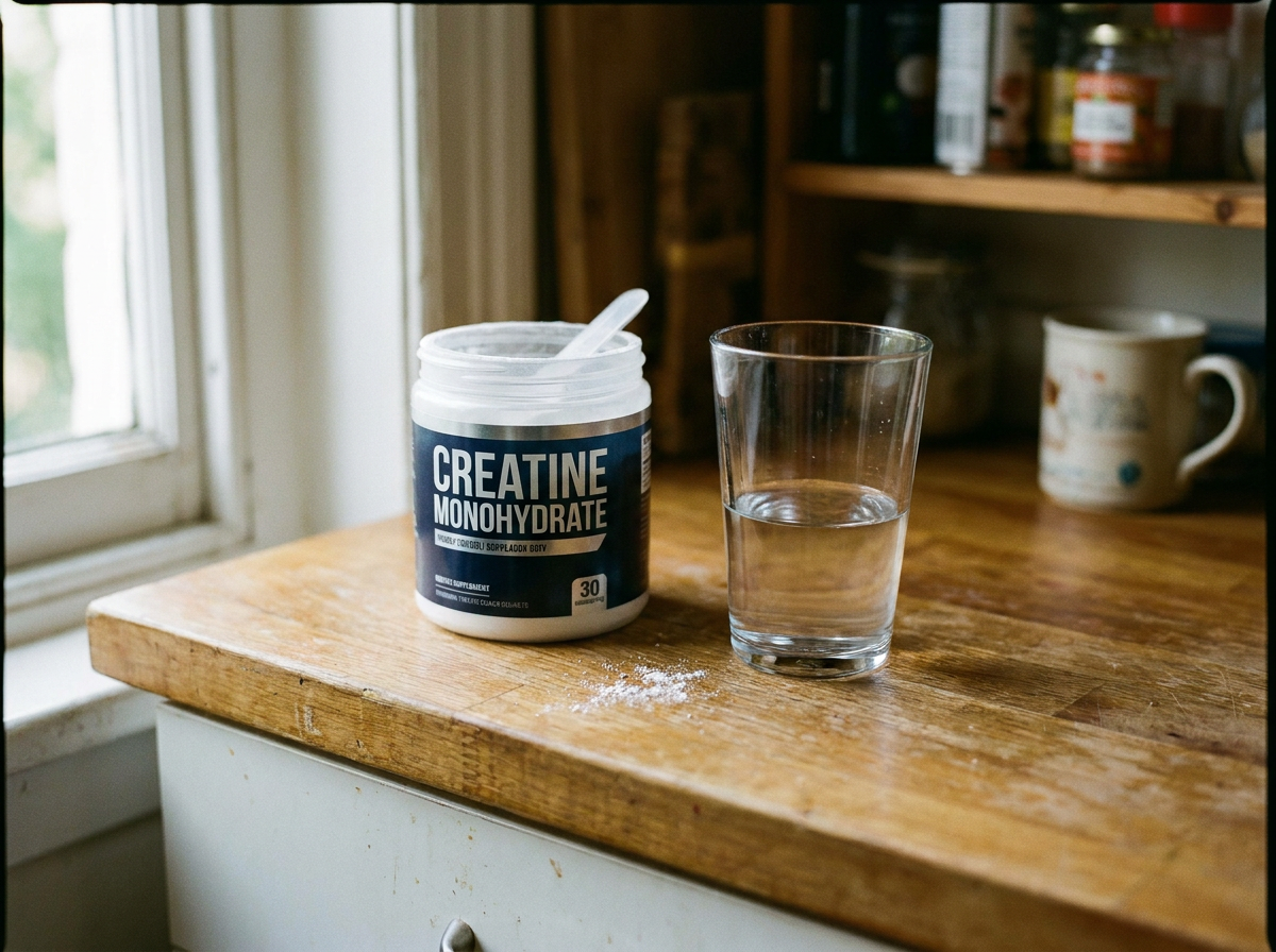 Bote de creatina y vaso de agua sobre una encimera