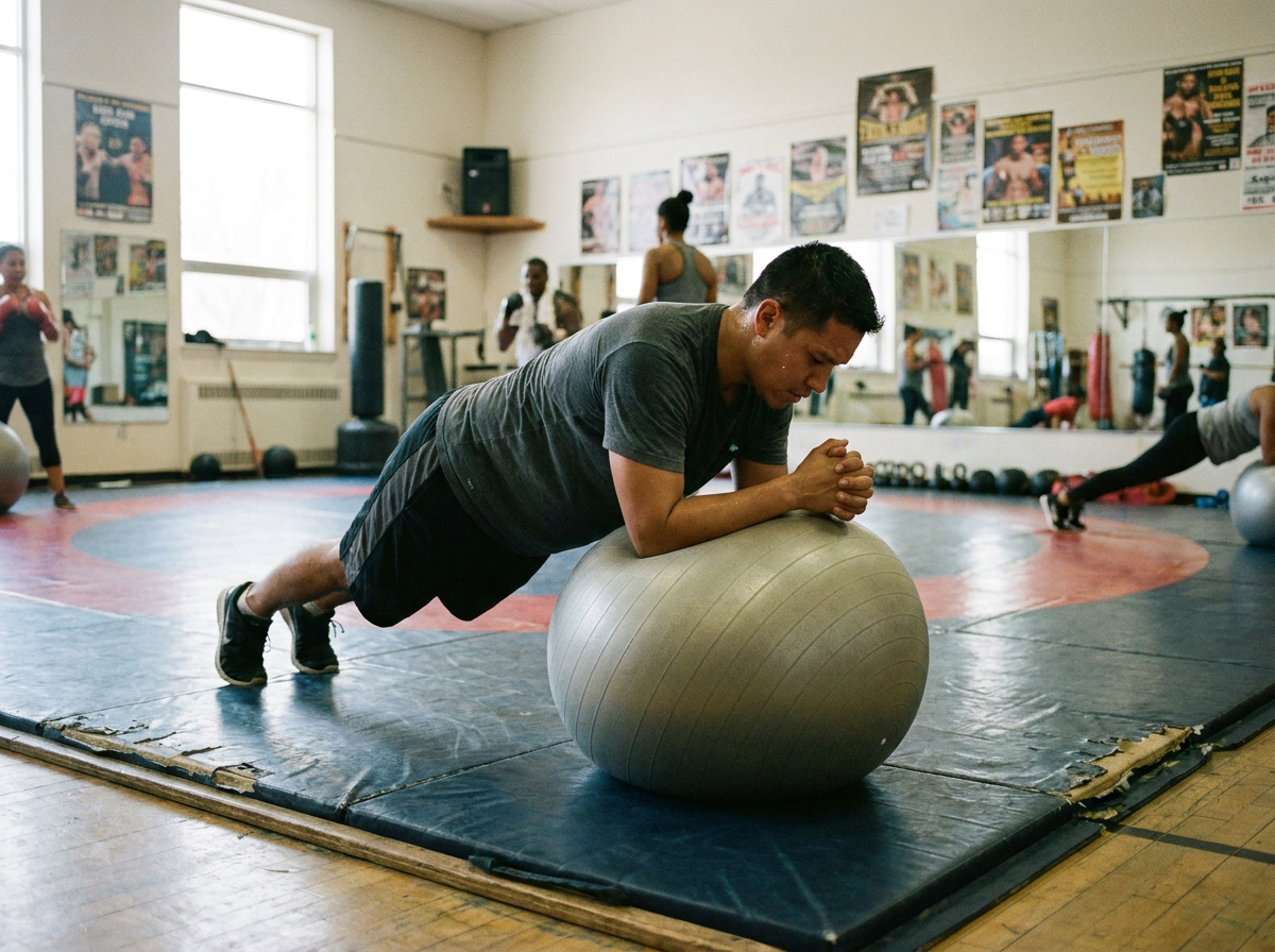 Persona en plancha con los antebrazos apoyados sobre un fitball