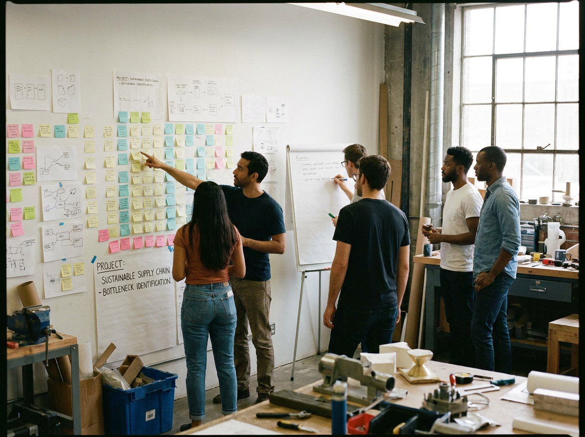 Equipo en un taller de trabajo con post-its resolviendo un problema real de la empresa