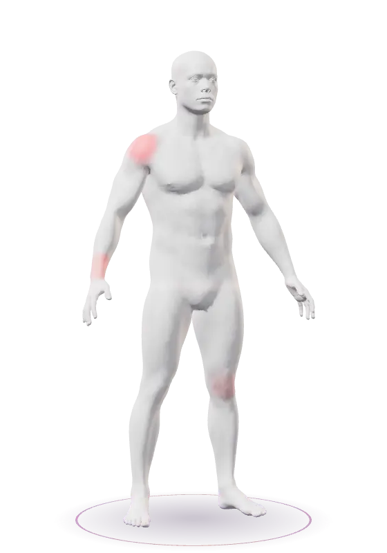 Modelo anatómico 3D girando con las zonas de riesgo musculoesquelético marcadas: cervicales, hombro, lumbar, muñeca, cadera y rodilla