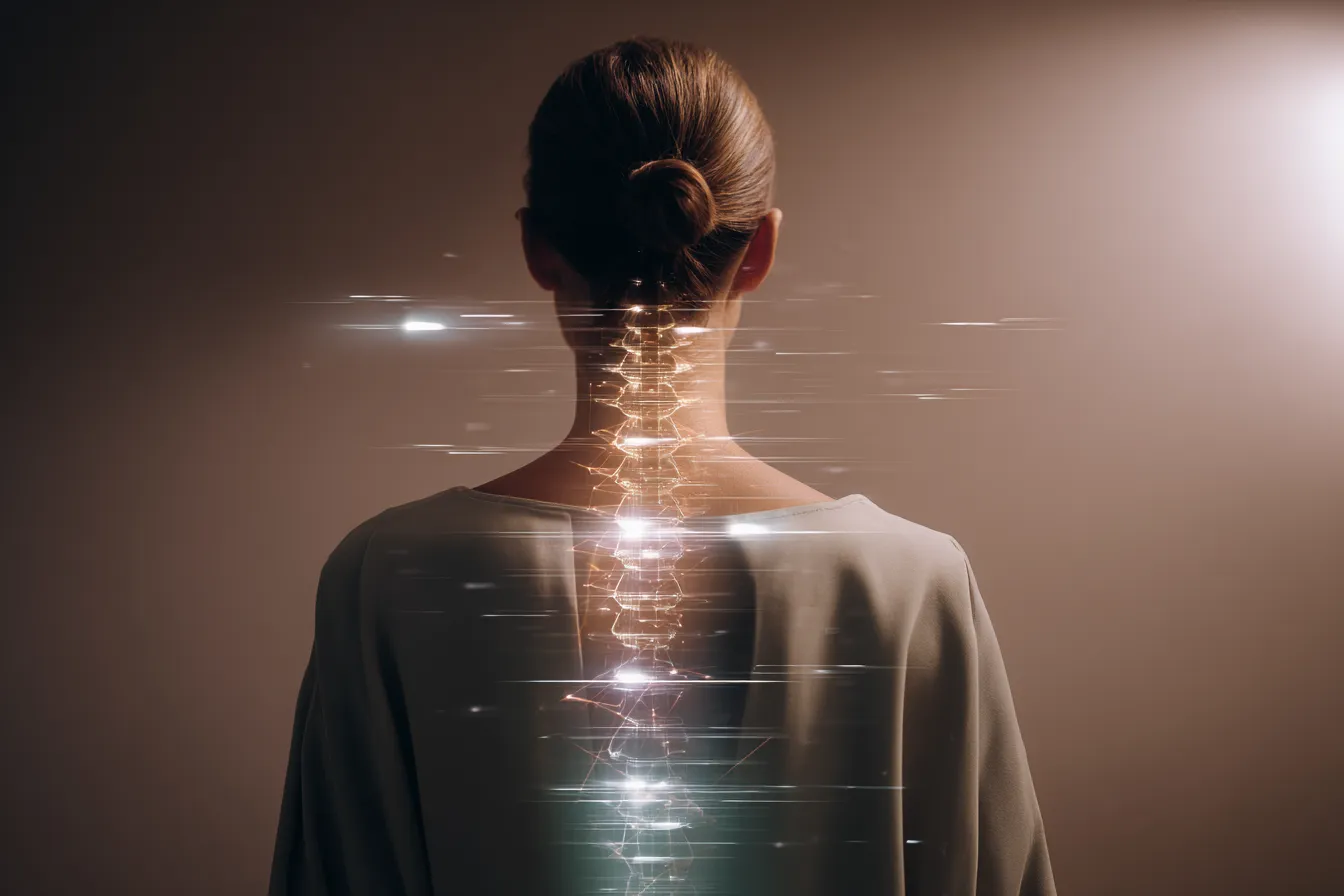 Mujer de espaldas con la columna iluminada como un trazo de luz