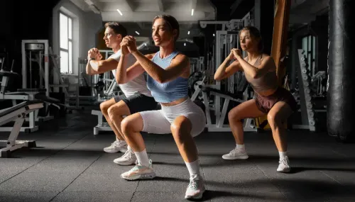 Tres deportistas haciendo sentadillas en gimnasio