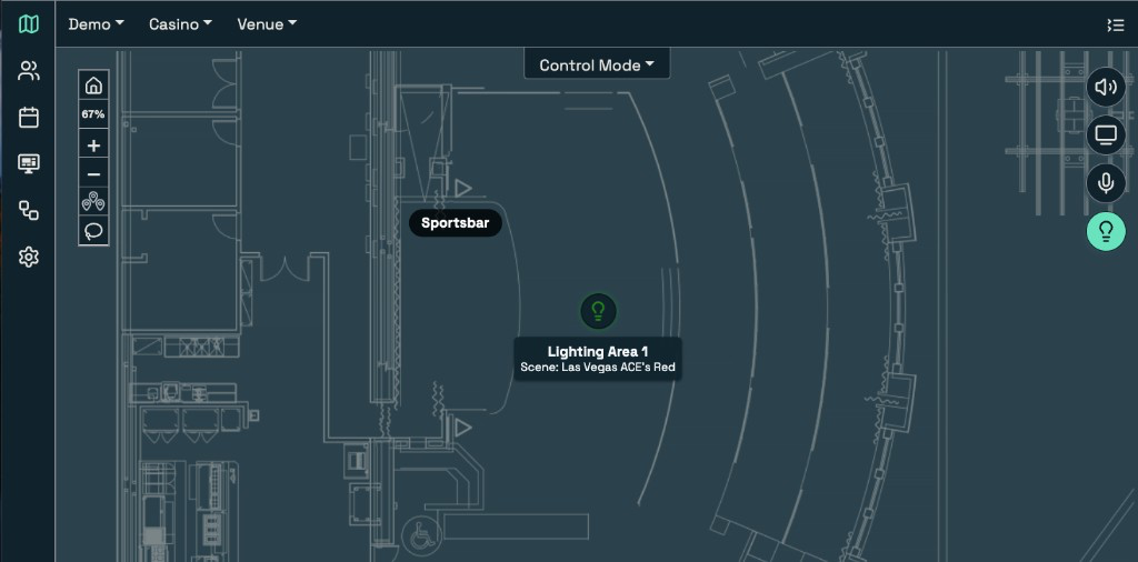 LUCI map view with a lighting endpoint labeled Lighting Area 1 and the active scene Las Vegas ACE's Red