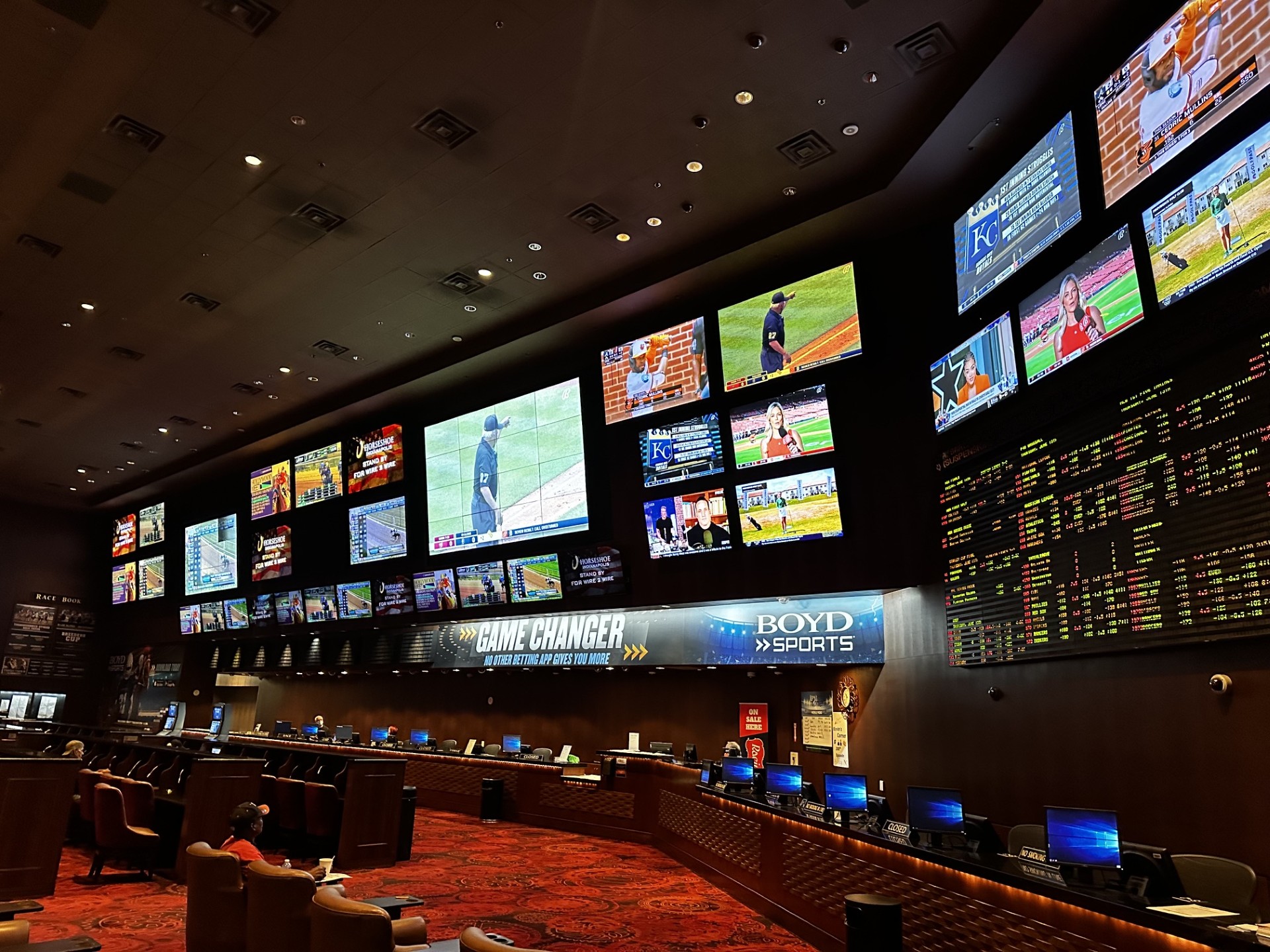 Sam's Town sportsbook before the remodel — a wall of mismatched TVs
