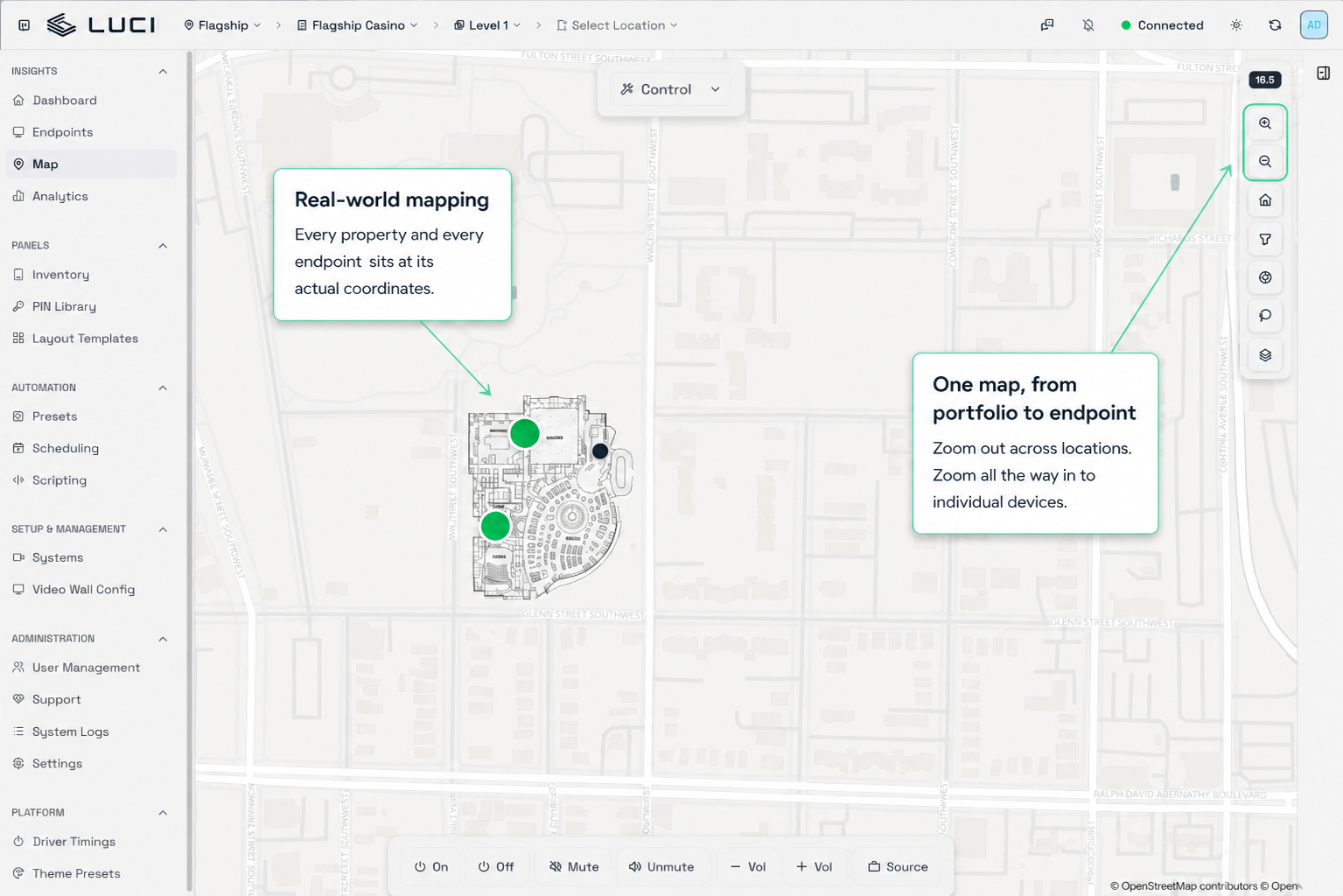 New LUCI interface in light mode, annotated to show real-world mapping and zooming from portfolio level to individual endpoints.