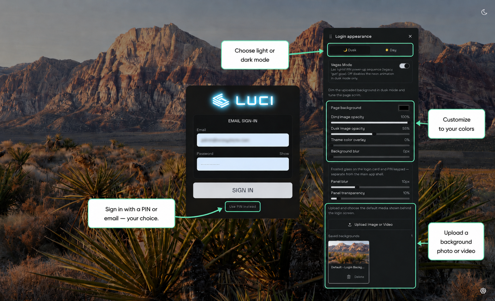 New LUCI login screen in dusk mode over a custom background photo, with the Login appearance sidebar open and annotations for pin or email sign-in, theme and color controls, and background image upload.