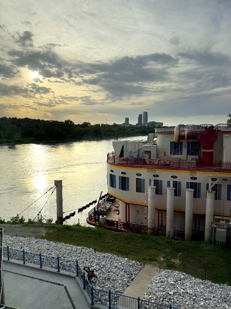 Ameristar Council Bluffs riverboat beside the Missouri River at sunset