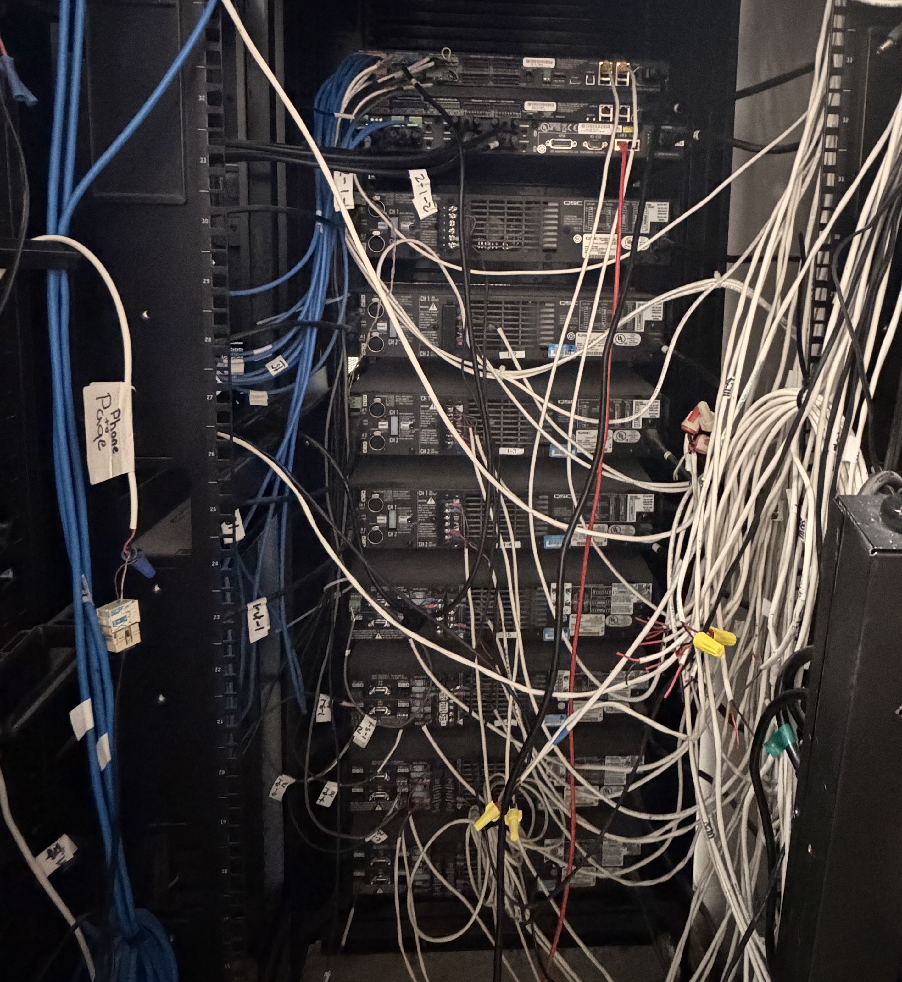 Legacy server racks with tangled white cabling before LUCI consolidation