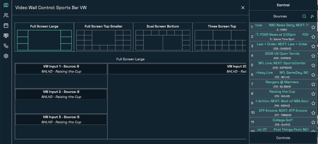LUCI Video Wall Control interface in dark mode &mdash; preset configuration selector across the top, the active wall layout preview in the center showing source assignments, and a scrollable source list of live channels on the right
