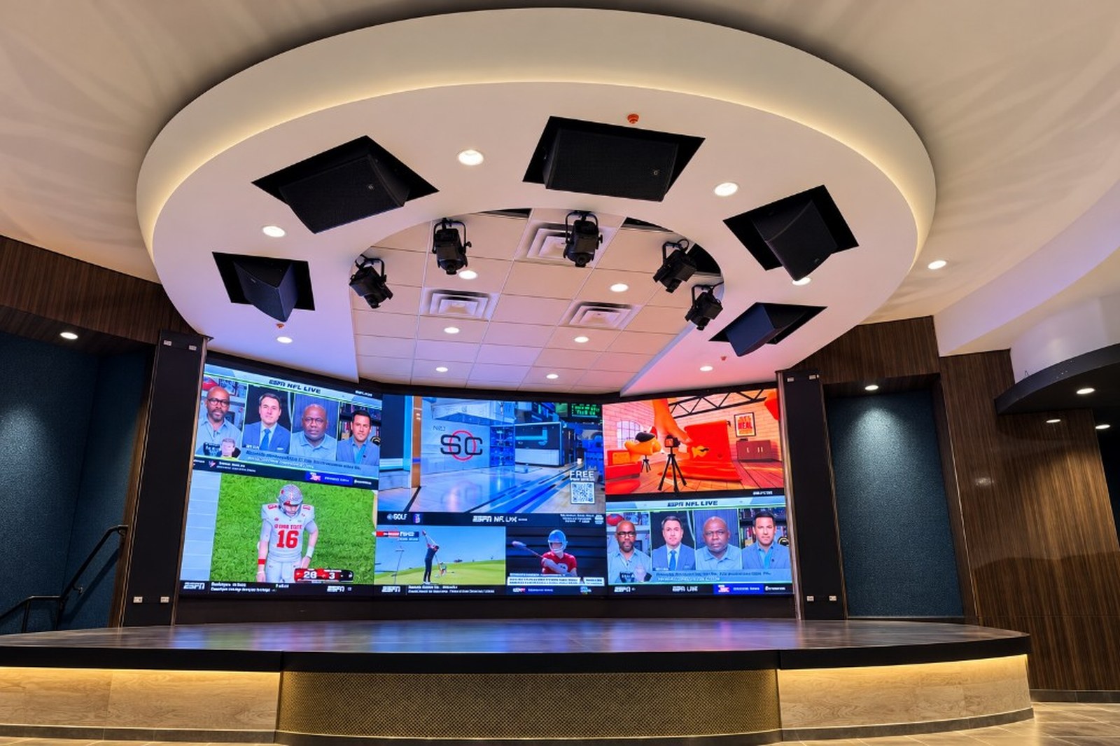 Swigs at Osage Casino Hotel — Ponca City: the finished LED wall running a multi-source sports layout