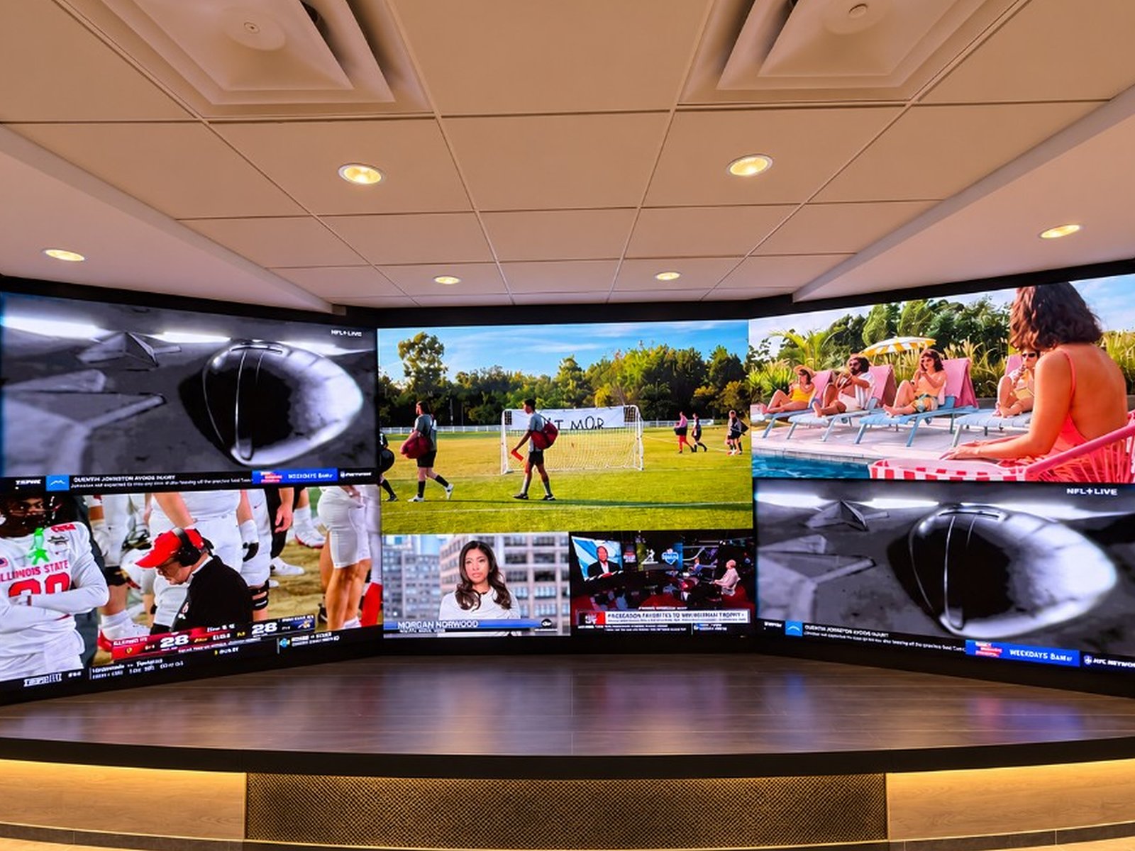 The commissioned Swigs LED wall running a multi-source sports layout