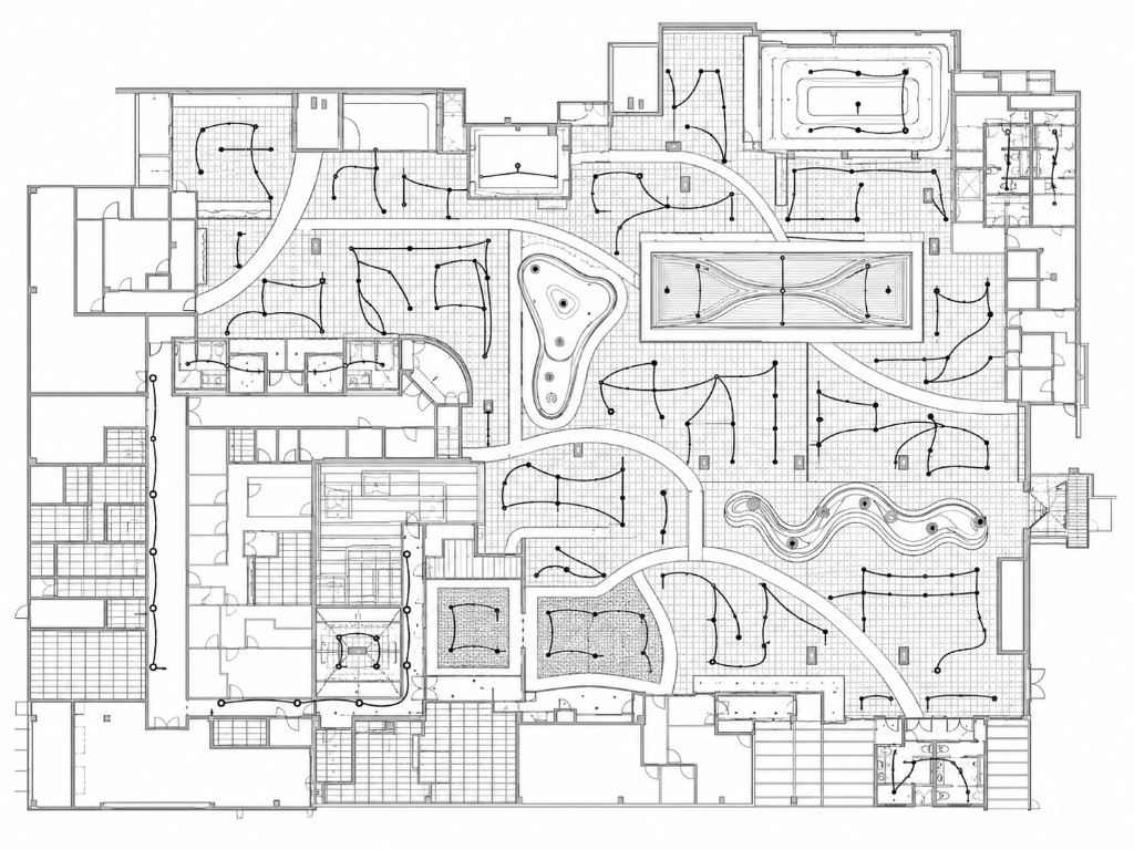 Illustrative architectural floor plan with A/V endpoint routes mapped throughout the property