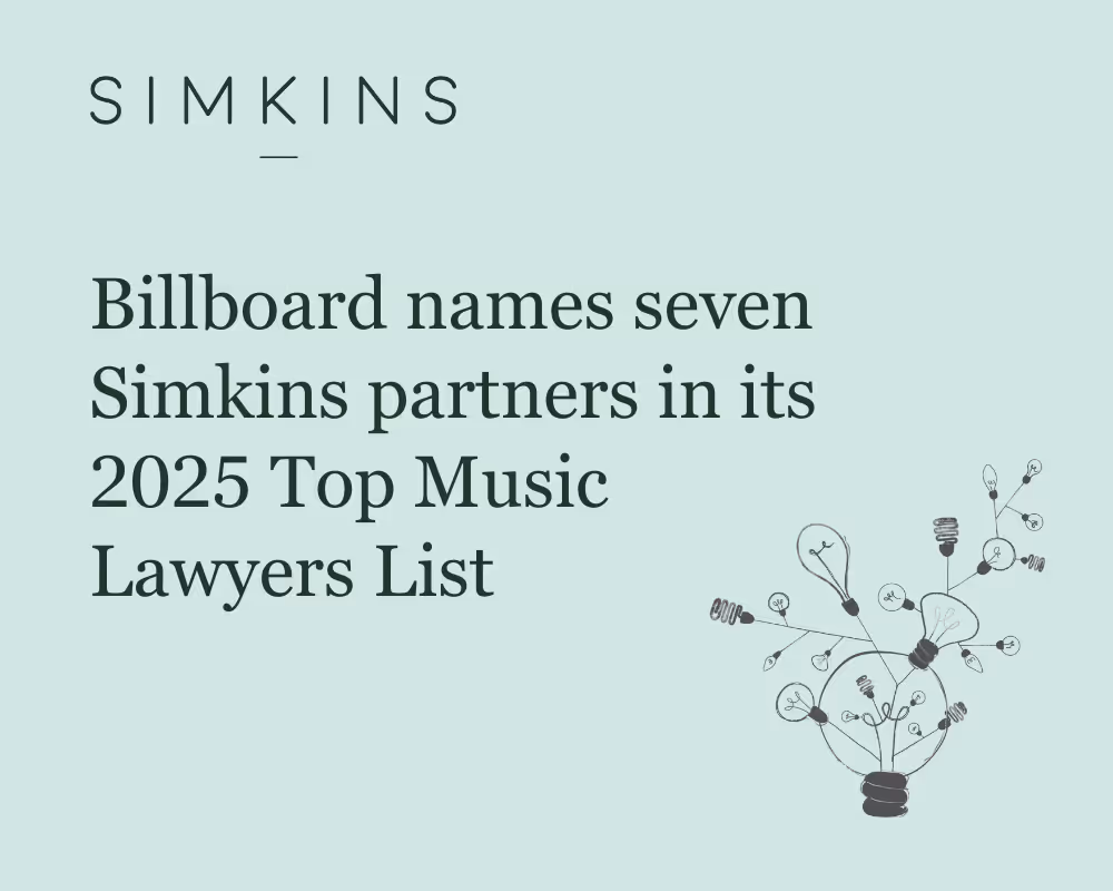Text reads Billboard names seven Simkins partners in its 2025 Top Music Lawyers List