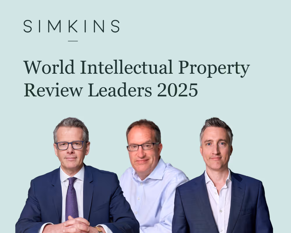 Text reads 'World Intellectual Property Review Leaders 2025' above headshots of Paddy Gardiner, Jim Dennis, and Tom Iverson.