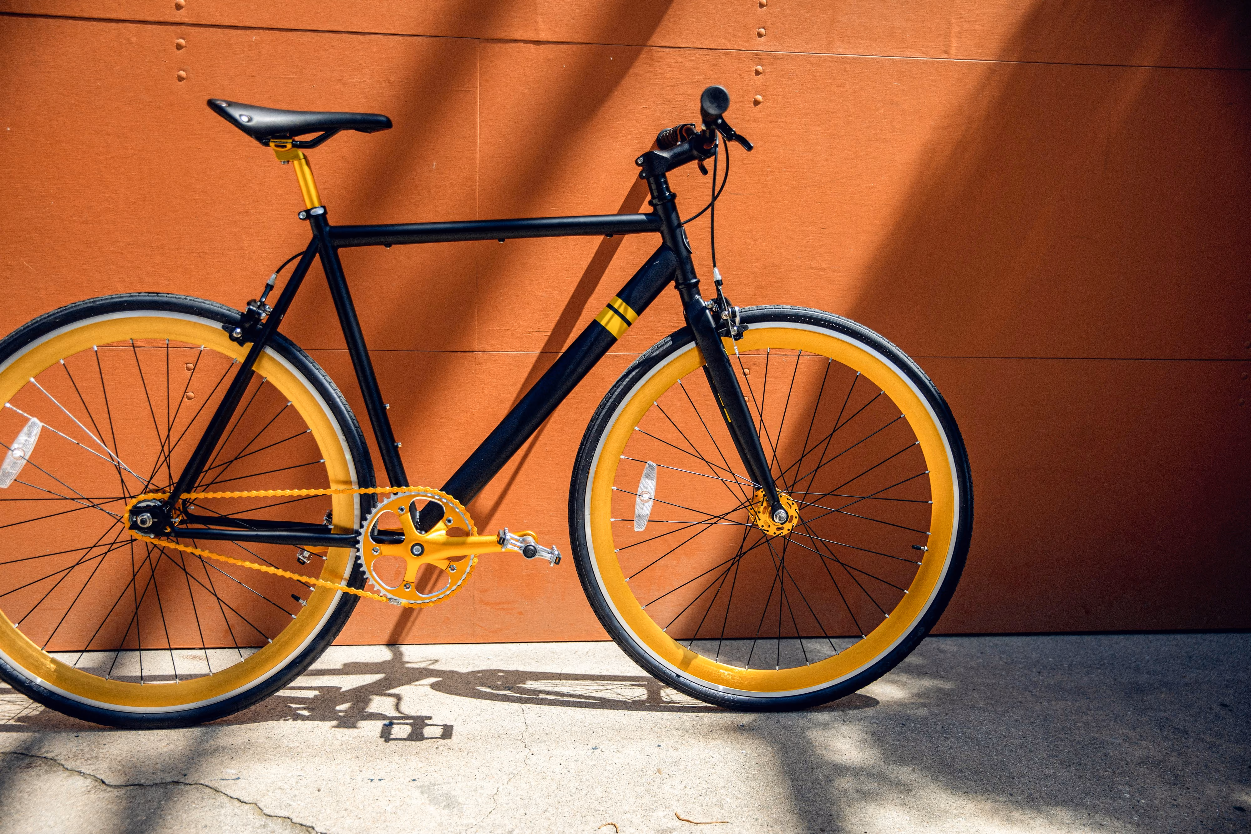 A bike against a wall.