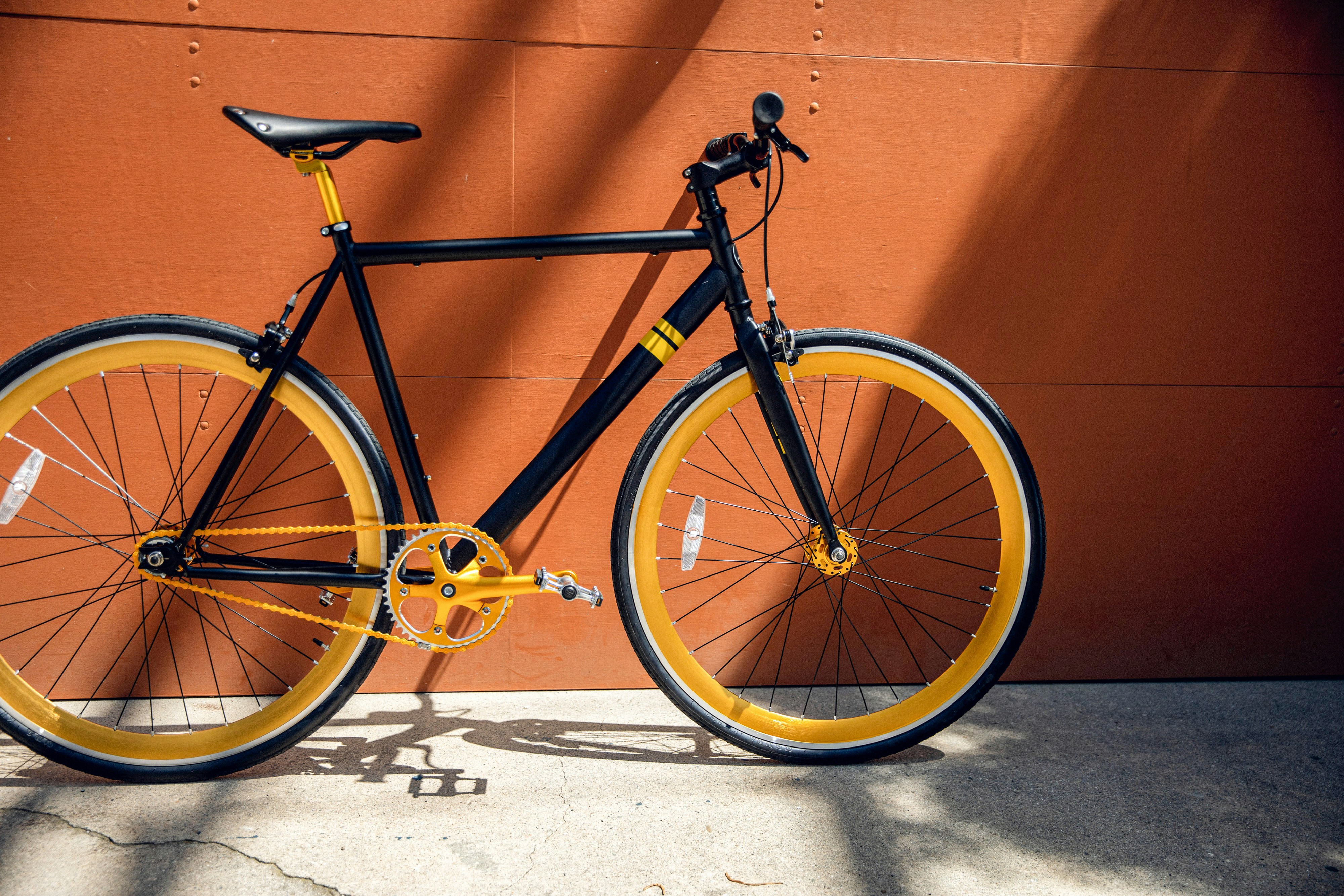 A bike against a wall.