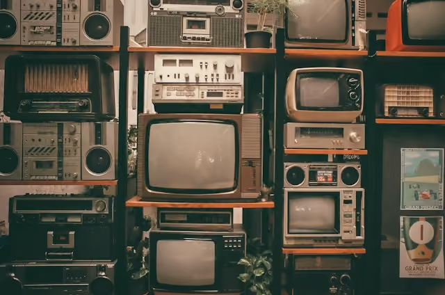 Shelves of vintage TV equipment