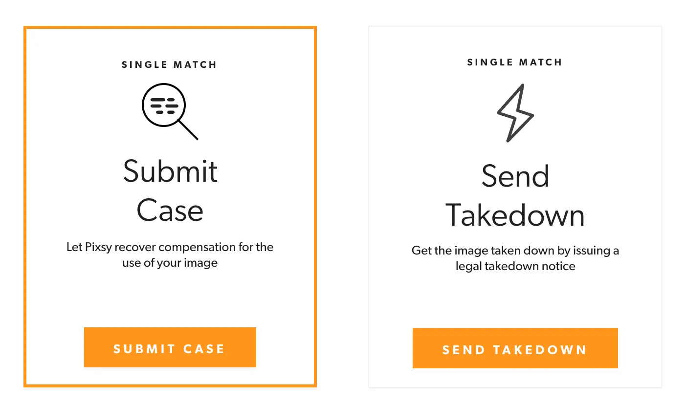 Pixsy match options: Submit Case to recover compensation, or Send Takedown to issue a DMCA takedown notice