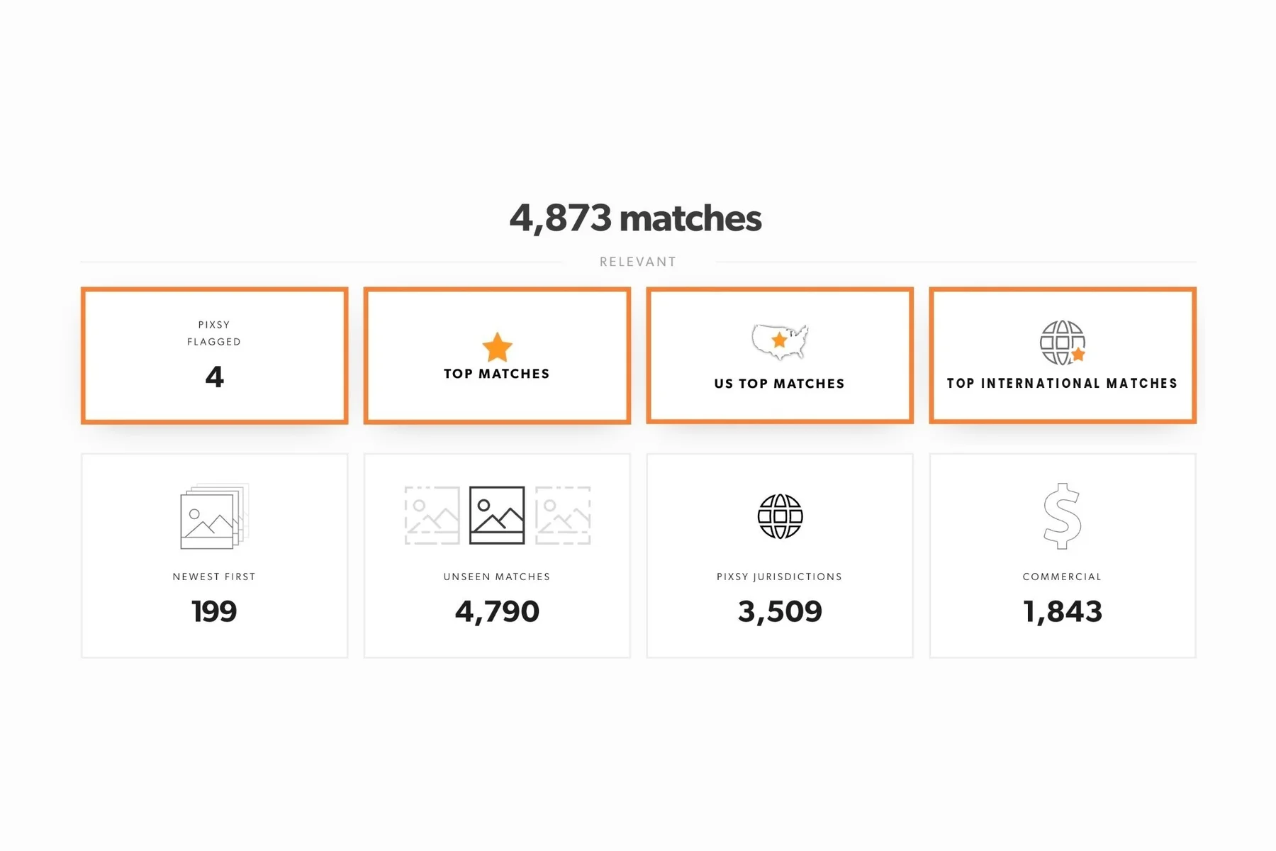 Pixsy matches dashboard showing 4,873 matches, with top US and international matches and 1,843 commercial uses
