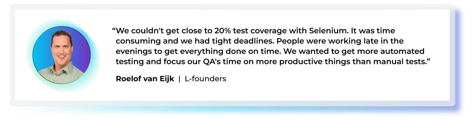 "We couldn't get close to 20% test coverage with Selenium. It was time consuming and we had tight deadlines. People were working late in the evenings to get everything done on time. We wanted to get more automated testing and focus our QA's time on more productive things than manual tests." — Roelof van Eijk, L-founders