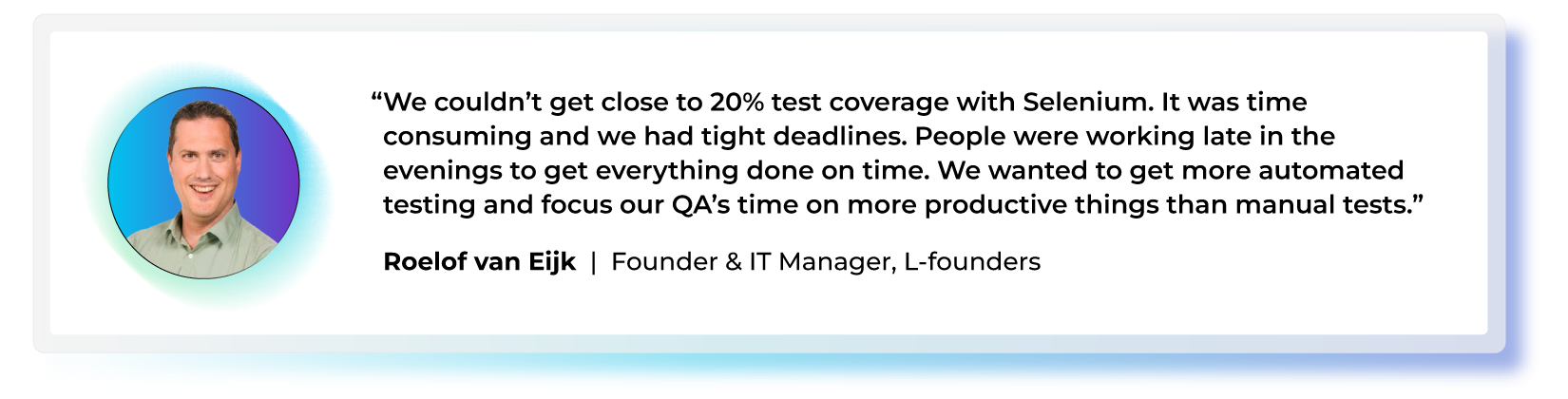 "We couldn't get close to 20% test coverage with Selenium. It was time consuming and we had tight deadlines. People were working late in the evenings to get everything done on time. We wanted to get more automated testing and focus our QA's time on more productive things than manual tests." — Roelof van Eijk, L-founders