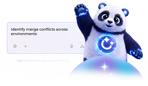 Panda waving next to a field of text that says Identify merge conflicts across environments