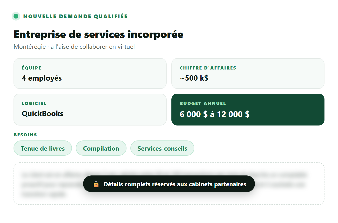 Exemple de demande qualifiée Bankeo : 4 employés, 500 k$ de chiffre d'affaires, budget annuel 6 000 $ à 12 000 $, tenue de livres, compilation et services-conseils (données fictives)