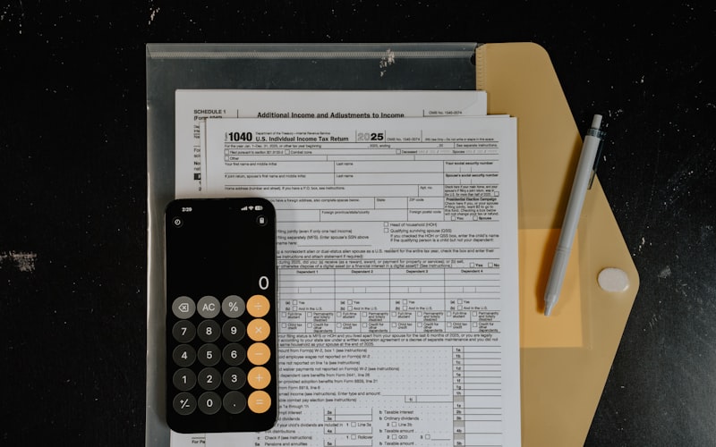 Calculatrice et formulaires fiscaux sur un bureau