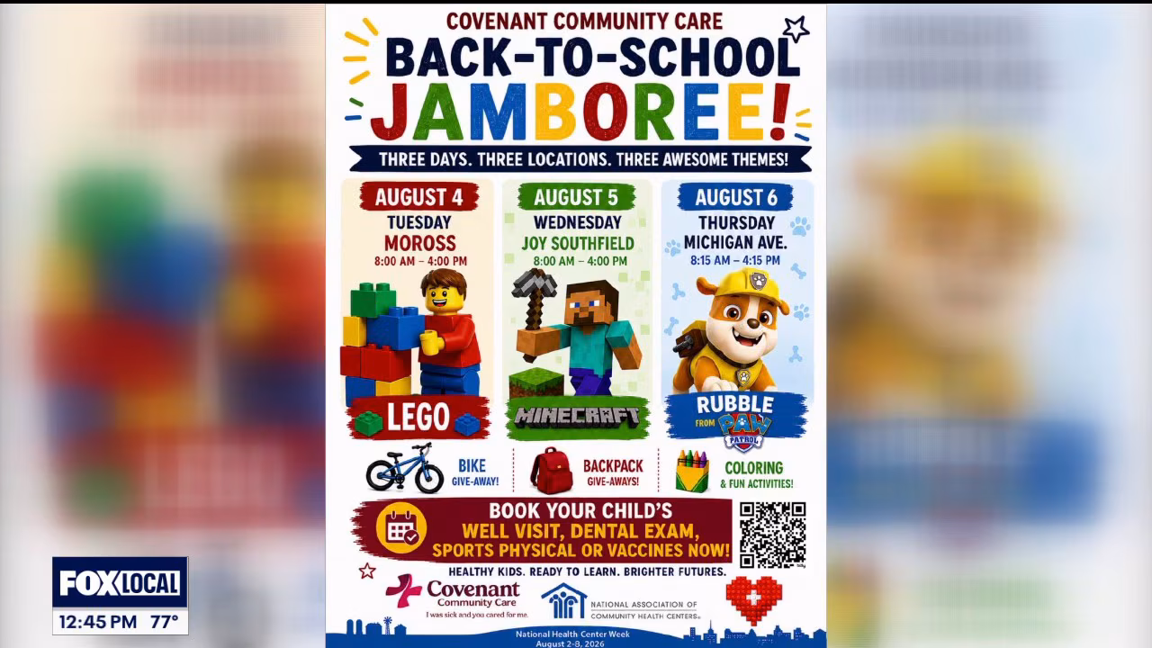Video still of Covenant's Back to School Jamboree flyer from the Fox 2 Detroit local news story