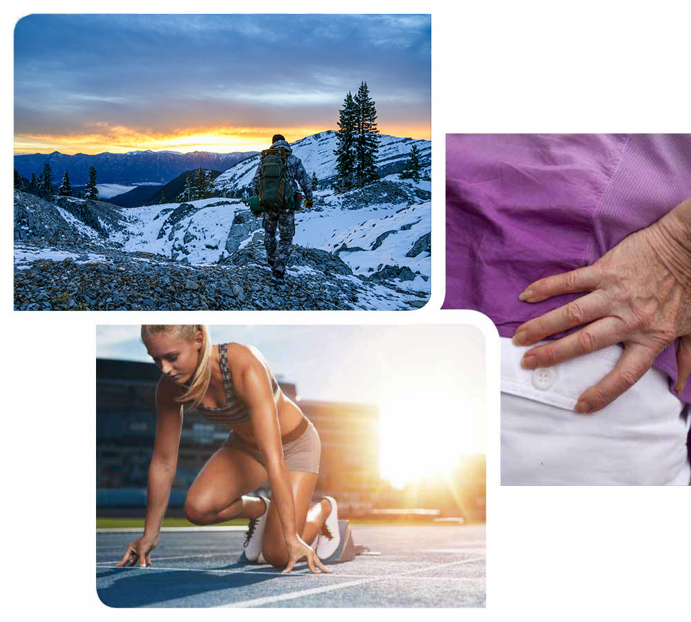 Collage of three images: a person hiking in snowy mountains at sunset, a close-up of an elderly person holding their hip in pain, and a woman in athletic wear in a starting position on a track with sunlight in the background.