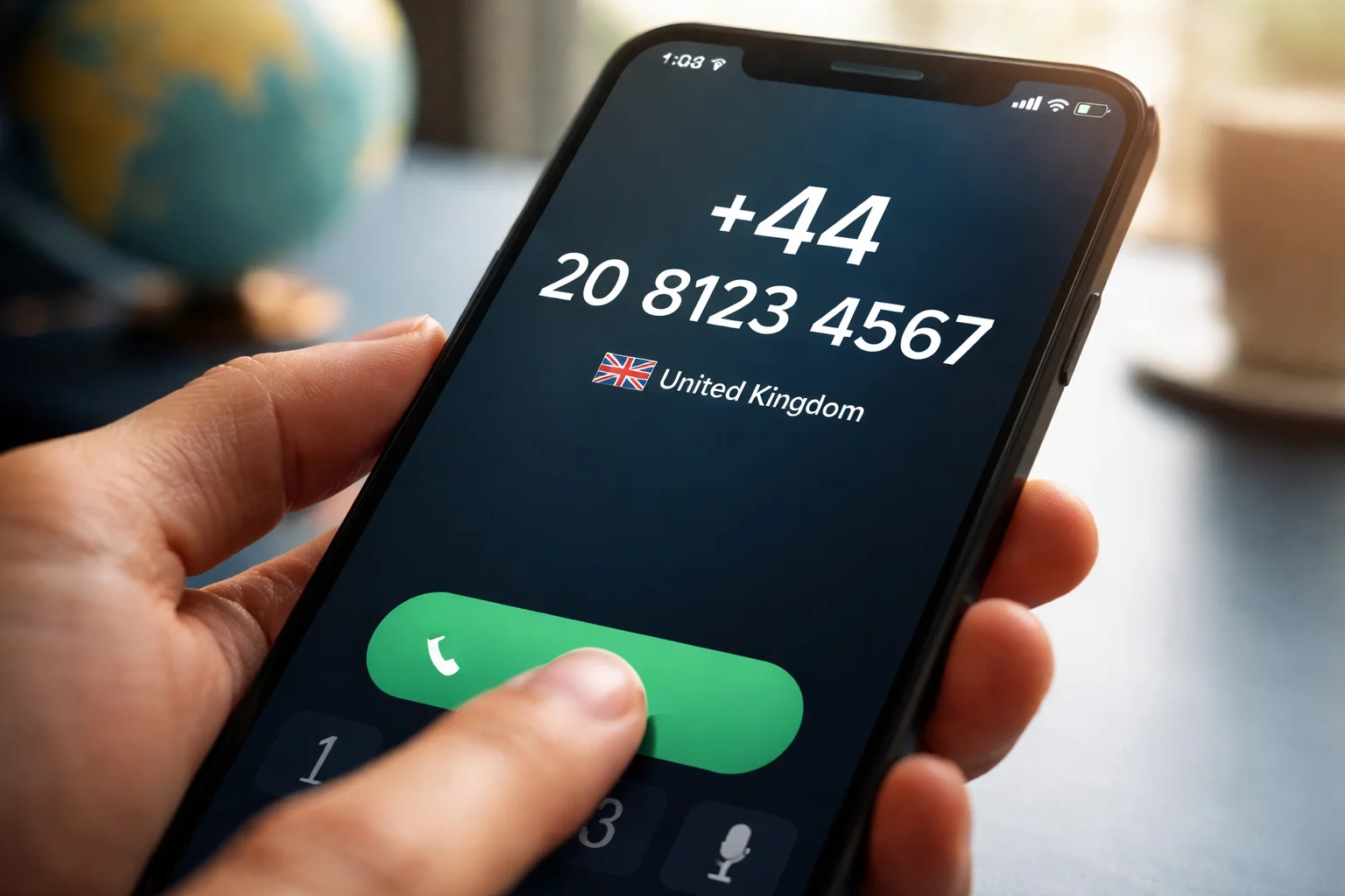 Hand dialling a UK phone number with the +44 country code on a smartphone.
