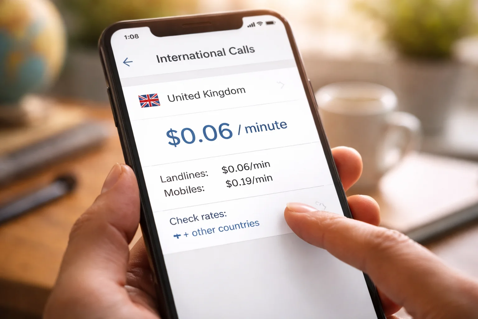 Smartphone screen showing international call rates for the United Kingdom.