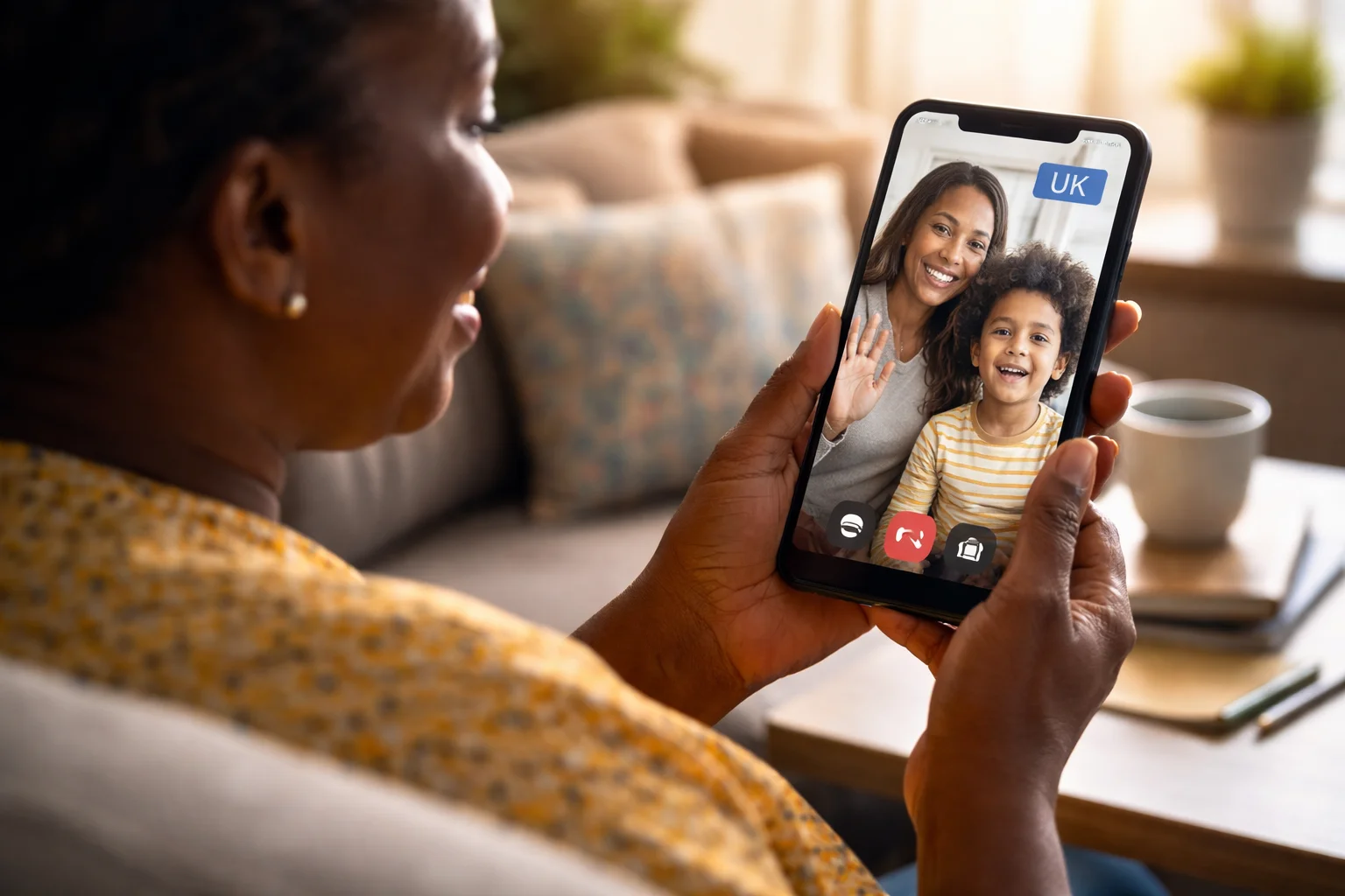 Person on a video call with a woman and child, labelled as a UK call.
