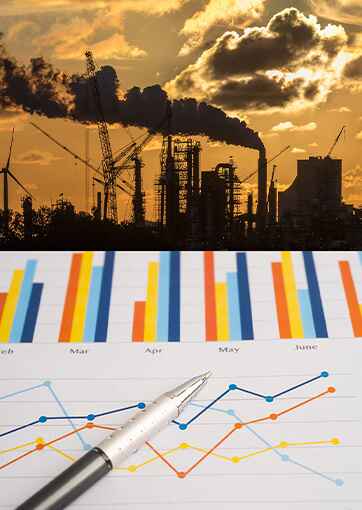Industrial factory emitting black smoke under a cloudy sky, combined with a close-up of colorful bar and line charts representing monthly data analysis from March to June.