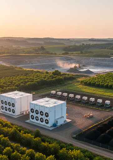 Industrial site with large cooling units and trucks surrounded by green fields at sunset.