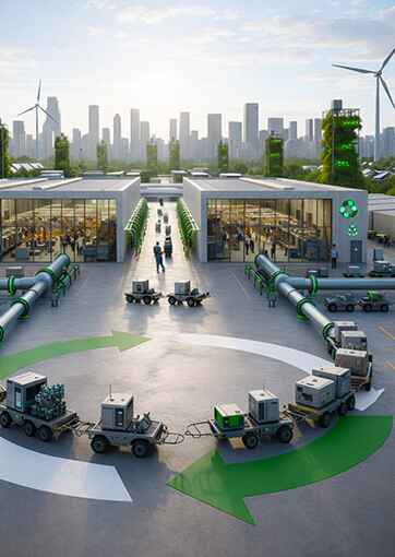 Futuristic factory complex with autonomous electric cargo vehicles moving in a circular path, solar panels, wind turbines, and a green city skyline in the background.