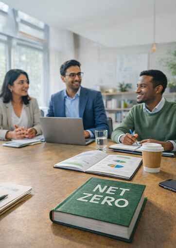 Three professionals having a discussion in an office with a book titled 'NET ZERO' and open documents with charts on the table.