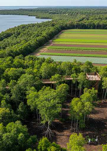 Aerial view of a lush mangrove forest with an elevated wooden walkway and observation platform near cultivated farmland and a body of water.