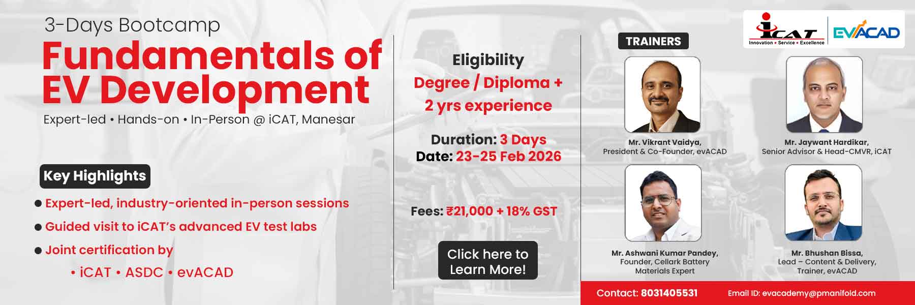 Banner for a 3-day Fundamentals of EV Development bootcamp at iCAT Manesar, featuring expert-led hands-on sessions, eligibility details, fee, and photos of four instructors.