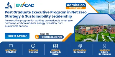 Advertisement for PG Executive Program in Net Zero Strategy & Sustainability Leadership by IIM Kashipur and EVACAD, highlighting learning from faculty, live projects, and alumni status with a call-to-action button.